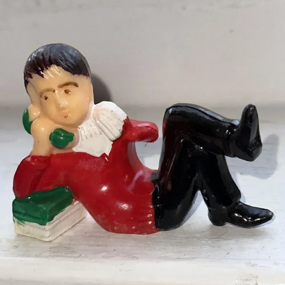 Two Vtg mid century‎ hard plastic male figures talking on the phone cake toppers
